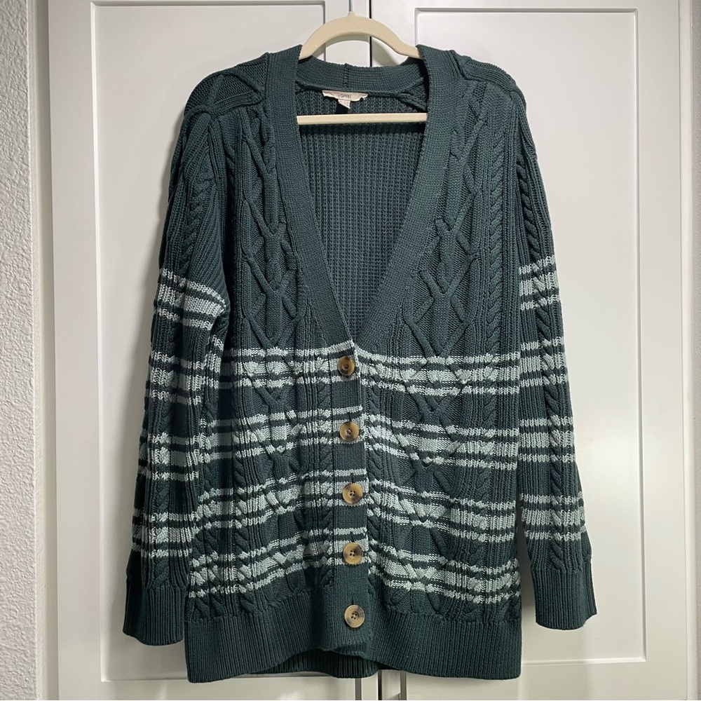 Rare Esprit Cable Knit Cardigan Dark Green Light Sage Striped Preppy Academia